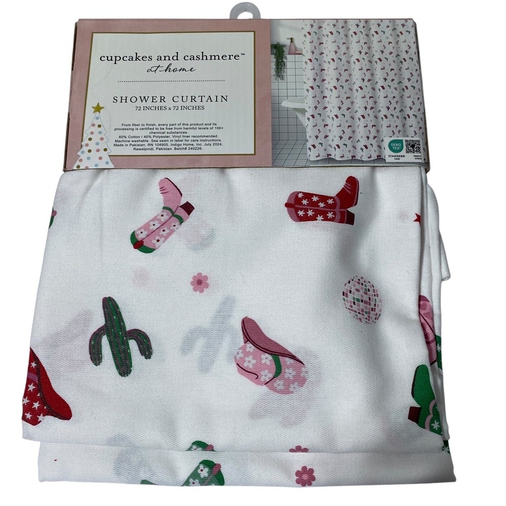 Cupcakes And Cashmere Christmas Shower Curtain Pink Preppy Western Boot Cowgirl